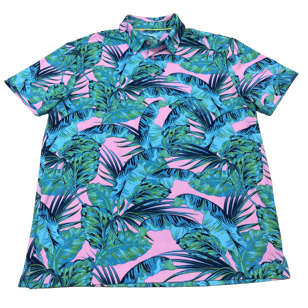 Birdie Bound Polo Shirt Mens Large Performance Golf Palm Trees Stretch
